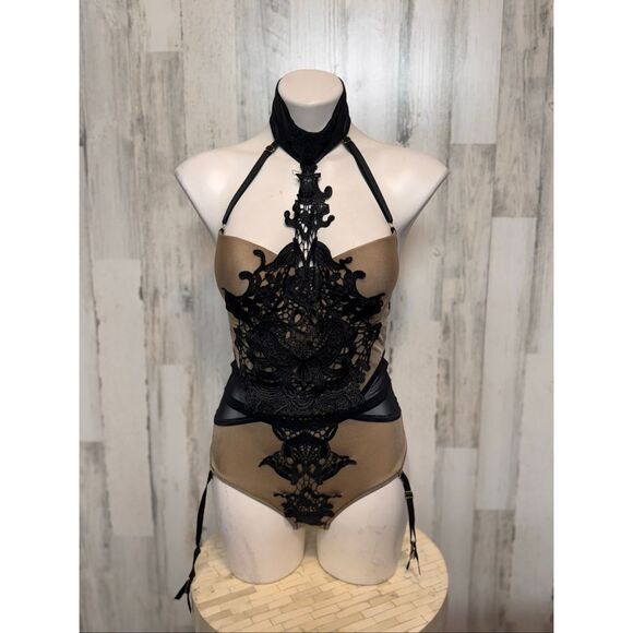Ooh La La Paris Black Lace Applique Satin Sheer Bodysuit Lingerie Size M - Picture 5 of 9